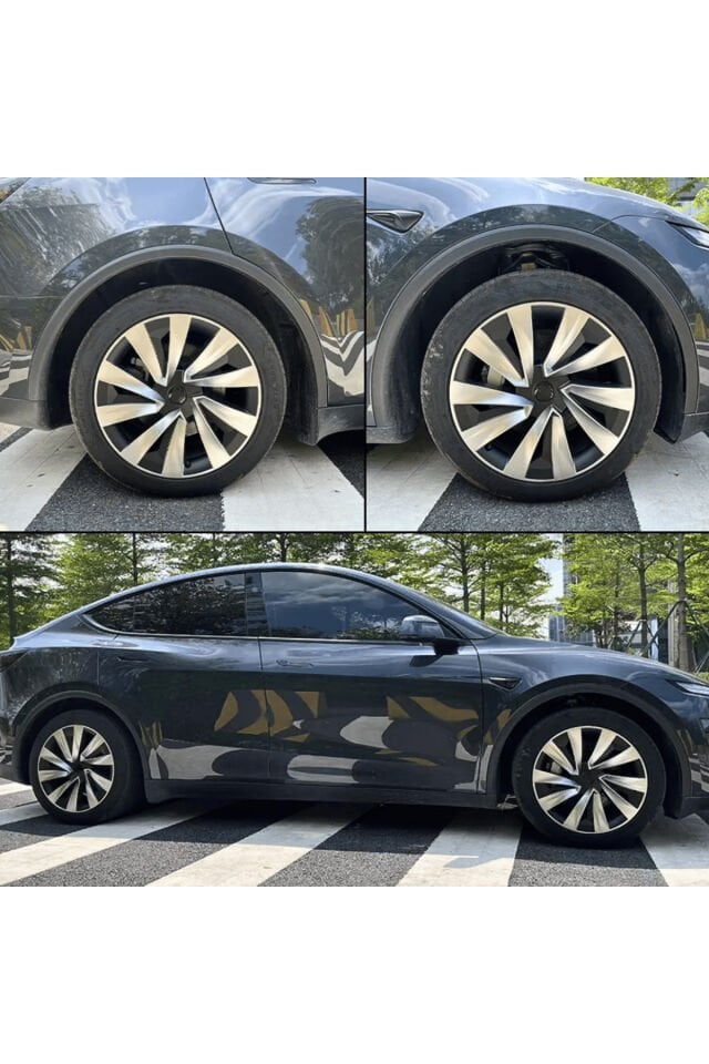 Tesla Model Y Juniper (2025+) Uyumlu 19 İnç Uberturbine Stil Jant Kapağı Seti - Gümüş & Siyah