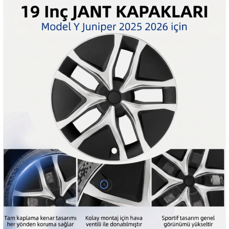 Tesla Model Y Juniper Uyumlu 19 inç Performance Görünüm Jant Kapağı Seti Siyah Gümüş